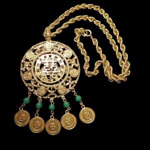Vintage Goldette Asian Coin Dangle Necklace